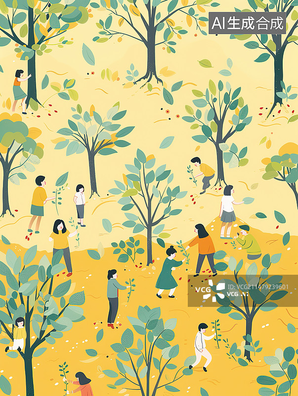 【AI数字艺术】植树节二十四节气谷雨扁平风插画图片素材