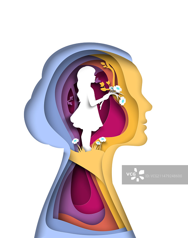 纸雕女人头像里的小女孩图片素材
