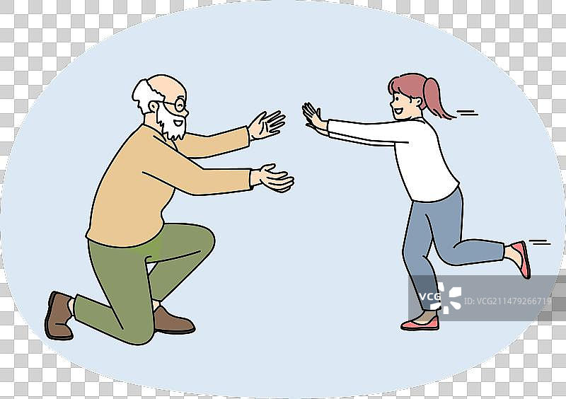 兴奋的女孩跑到年迈的祖父身边图片素材