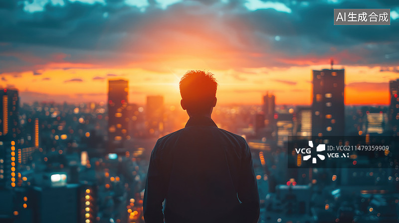 【AI数字艺术】日落时站在城市里的人的后视图图片素材