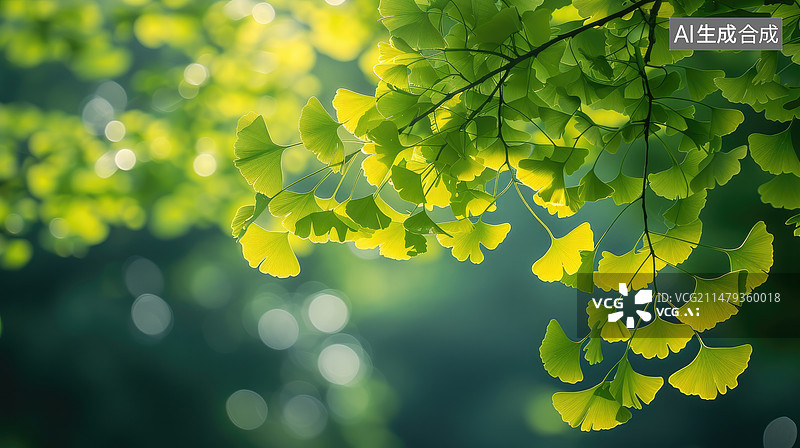 【AI数字艺术】夏天绿色的银杏树叶特写图片素材