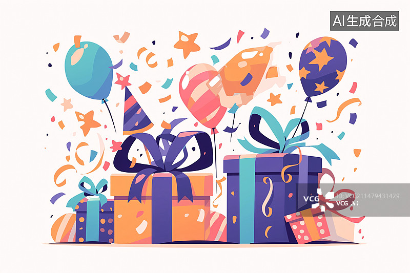 【AI数字艺术】庆祝生日礼物和气球插画，节日派对场景插图图片素材