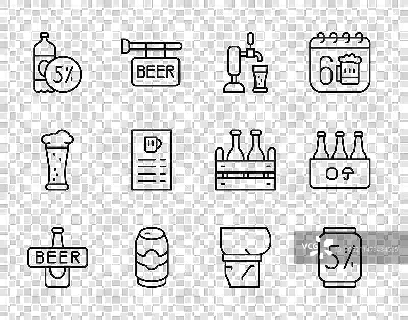 啤酒瓶、啤酒罐和啤酒龙头与玻璃杯菜单线条组合图片素材