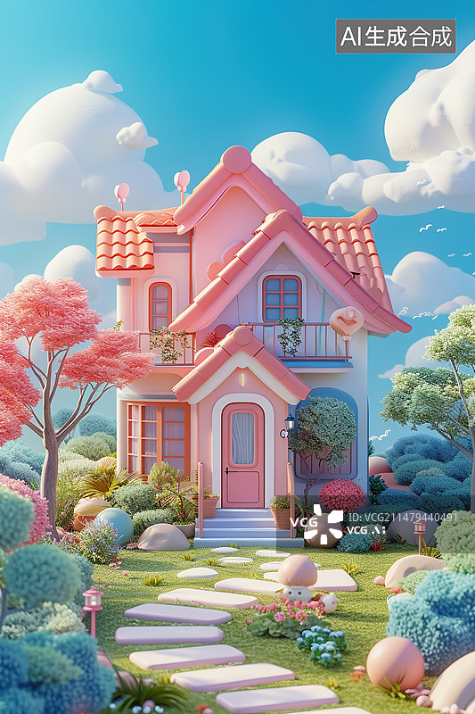 【AI数字艺术】别墅可爱风3D渲染图片素材