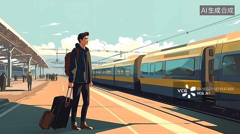 【AI数字艺术】男子拖着行李箱在高铁站候车图片素材