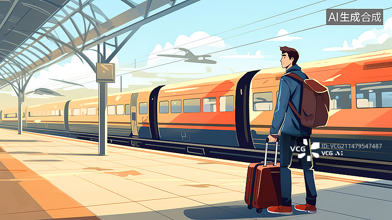 【AI数字艺术】男子拖着行李箱在高铁站候车图片素材