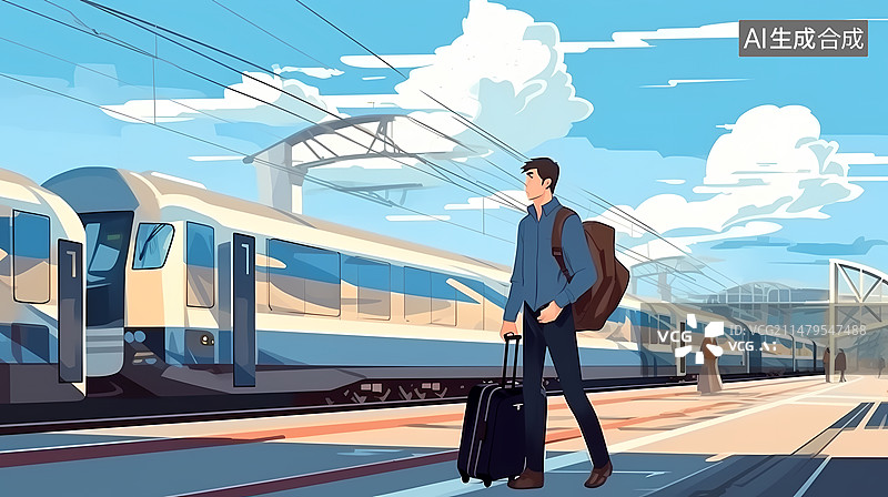 【AI数字艺术】男子拖着行李箱在高铁站候车图片素材