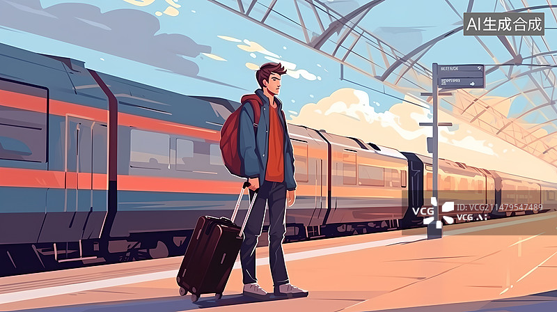 【AI数字艺术】男子拖着行李箱在高铁站候车图片素材