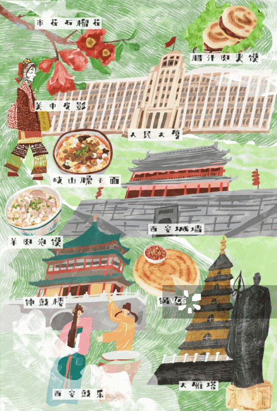 西安城市建筑人文美食插画GIF动图图片素材