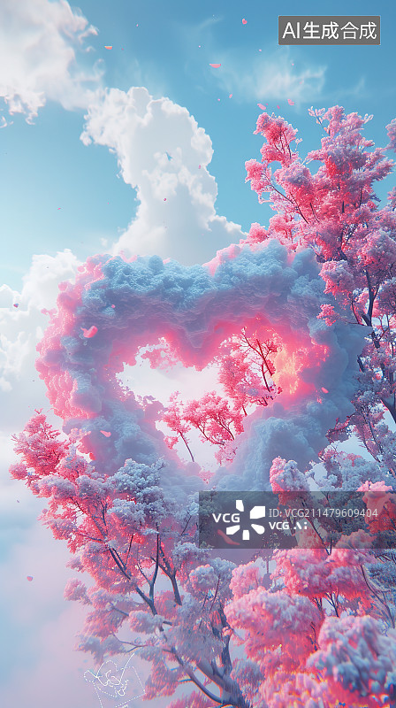 【AI数字艺术】天空中粉红色樱花的特写镜头图片素材