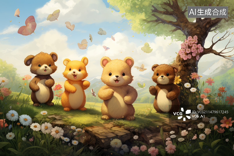 【AI数字艺术】儿童插画森林里的可爱小熊图片素材
