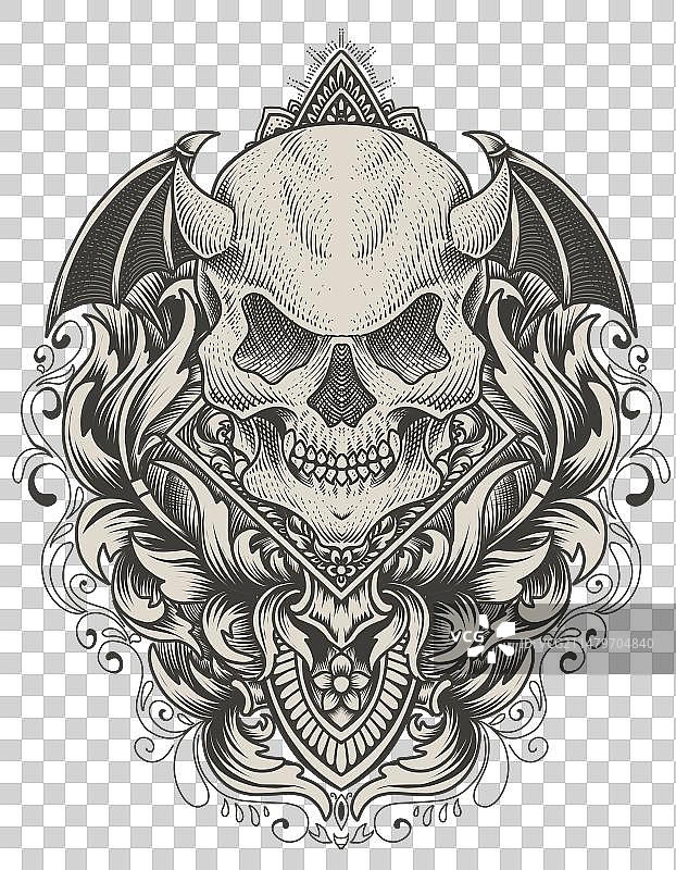 带有雕刻装饰风格的恶魔头骨图片素材