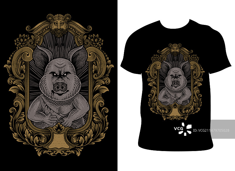 雕刻风格的复古精神病猪图片素材