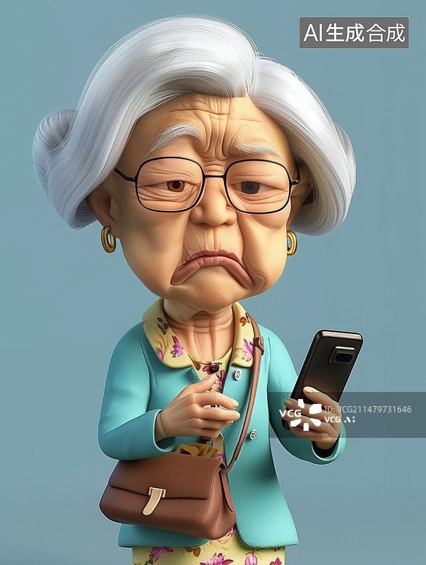 【AI数字艺术】一个白发亚洲老太太眯着眼睛使用智能手机，露出嫌弃的表情图片素材