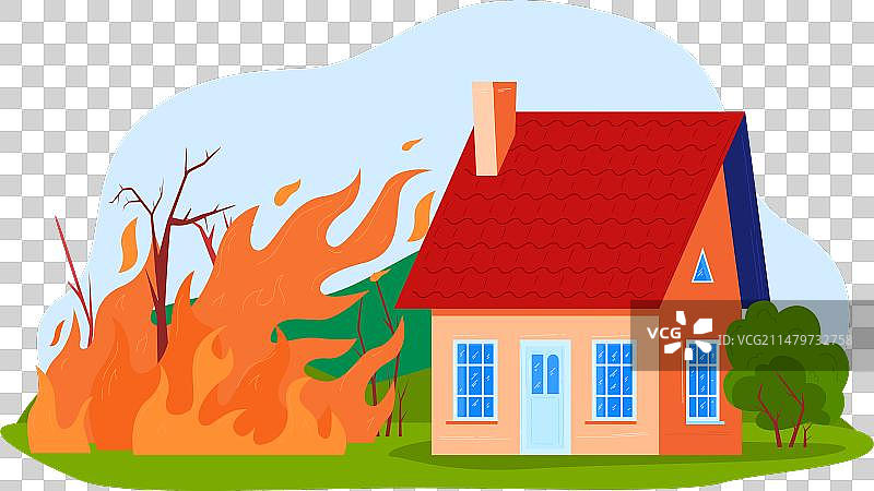 房屋着火，周围环绕着树木的火焰图片素材