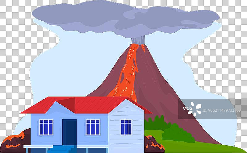 火山爆发和熔岩流附近的房屋图片素材