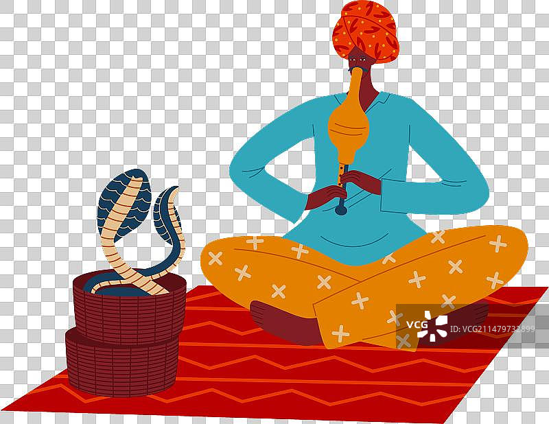 在蛇毯上吹笛子的非洲男人图片素材