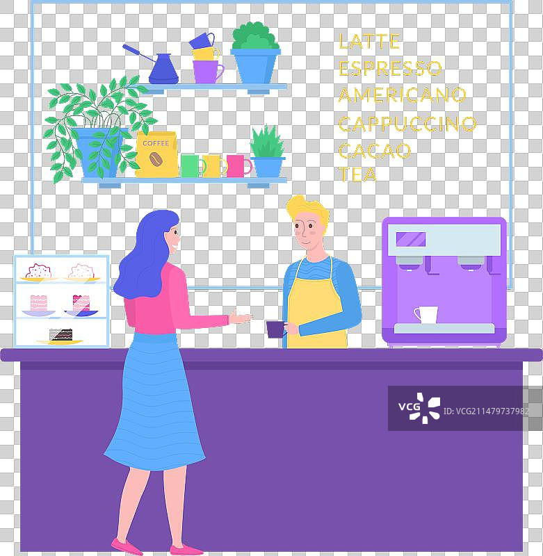 女人在自助餐厅购买咖啡，男服务员图片素材