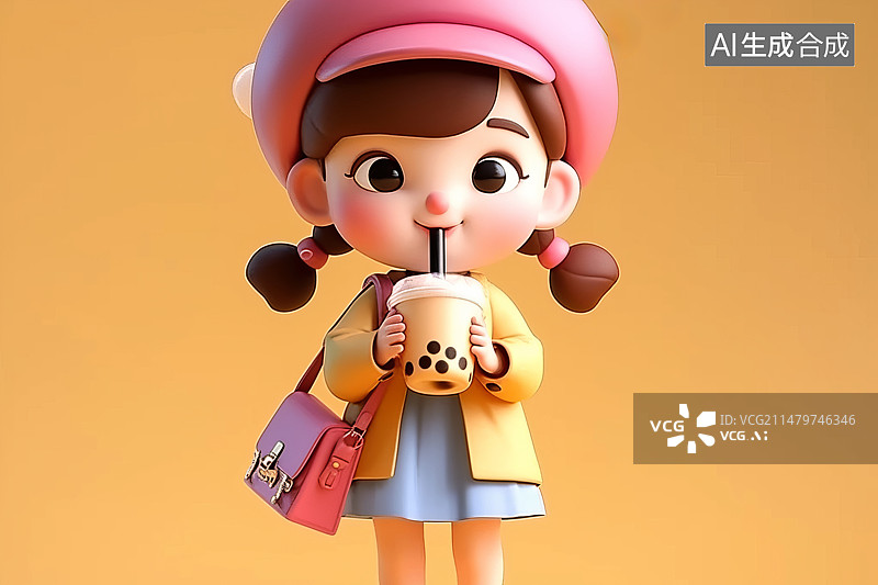 【AI数字艺术】快乐的小女孩穿着连衣裙，拿着一杯大大的珍珠奶茶，享受，3D风格图片素材