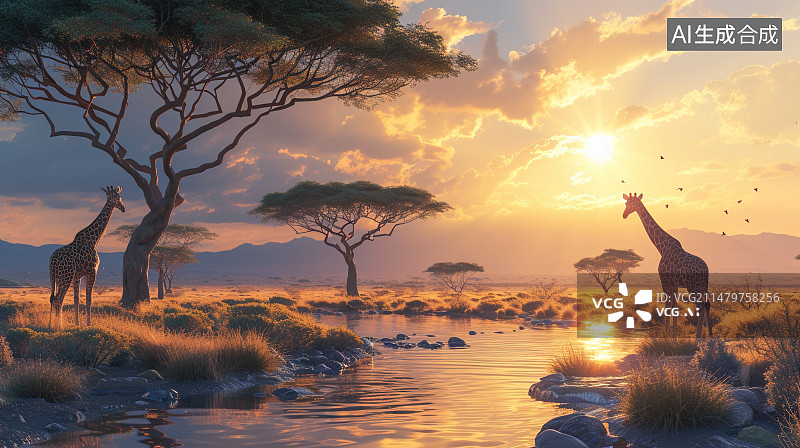 【AI数字艺术】非洲草原日暮景色插图图片素材
