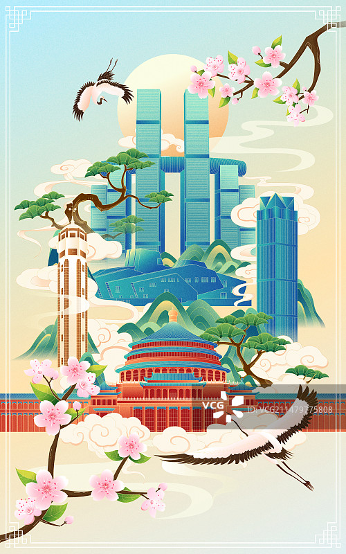 春天国风重庆城市地标建筑彩色矢量插画海报图片素材