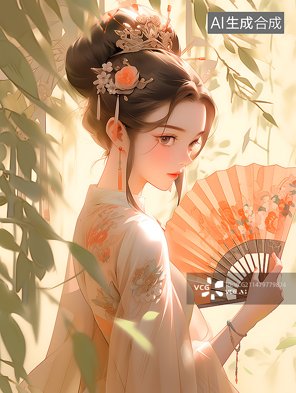 【AI数字艺术】一个美丽的古风女子，手里拿着一把折扇图片素材