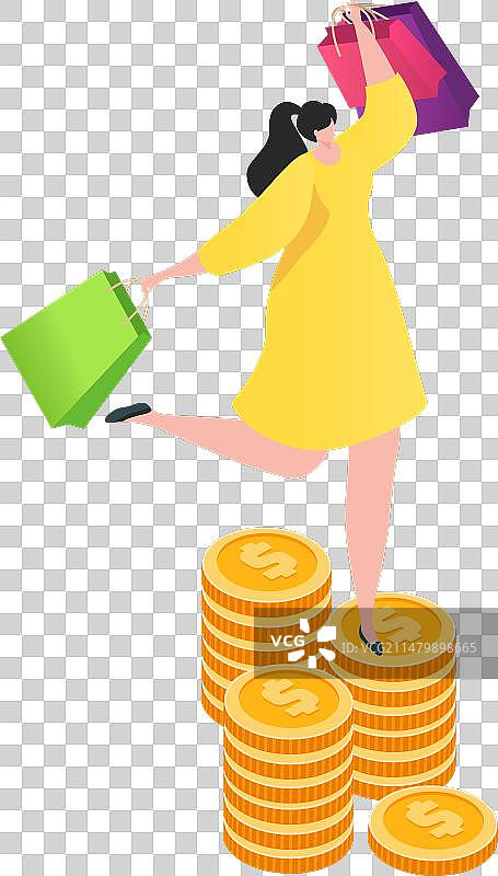 穿着黄色连衣裙站在硬币上的女人图片素材
