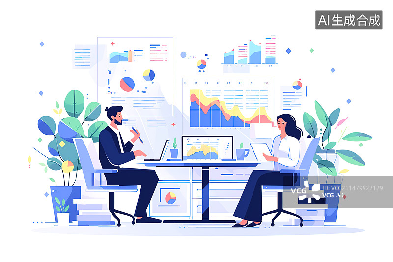 【AI数字艺术】员工交流讨论商务办公场景插图图片素材