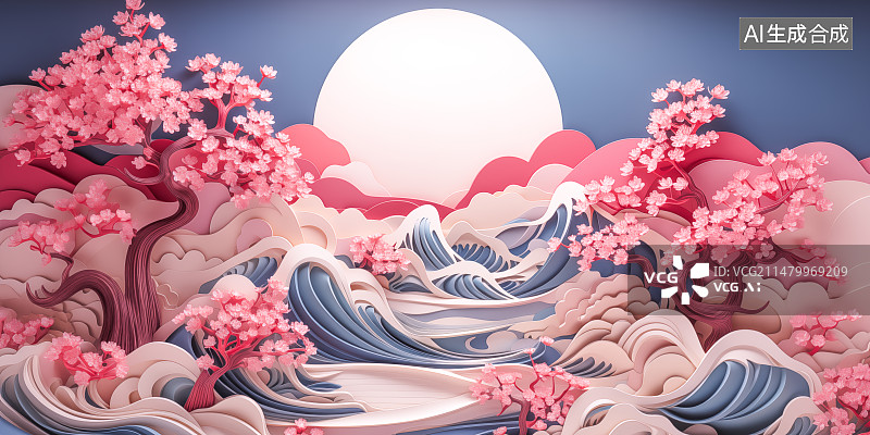 【AI数字艺术】立体剪纸，春天桃花樱花，中秋月圆，海浪浮世绘图片素材