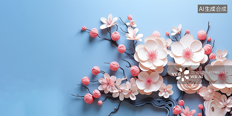 【AI数字艺术】立体剪纸衍纸艺术，春天桃花樱花，蓝色背景，粉色花朵图片素材