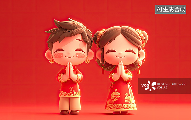 【AI数字艺术】3d卡通风格可爱情侣男孩女孩中国新年红色传统服装拜年图片素材
