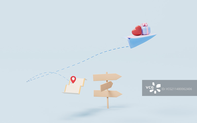 纸飞机 与爱心礼物3D插画图片素材