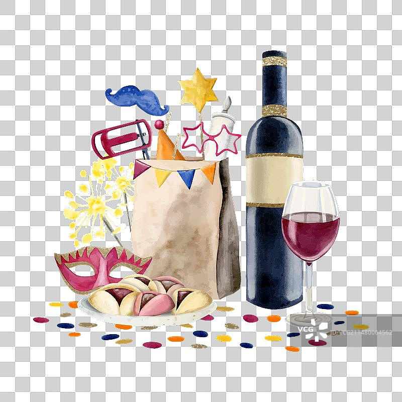 普林节食物篮子与象征图案图片素材