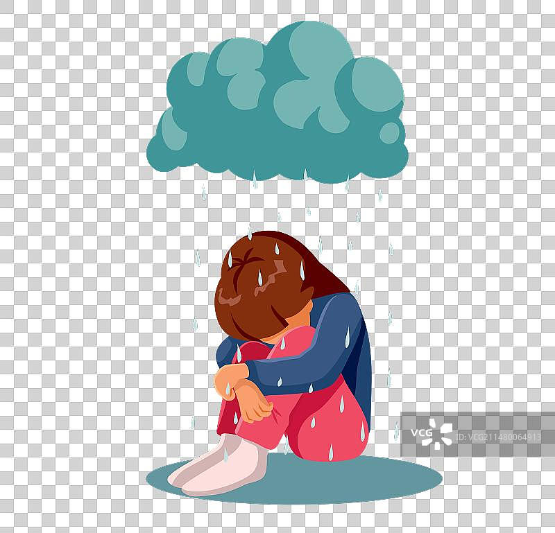 悲伤的孩子坐在下雨的阴云下图片素材