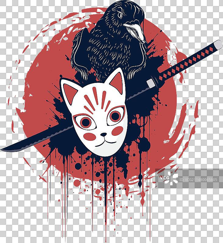 乌鸦、狐狸面具和武士刀图片素材