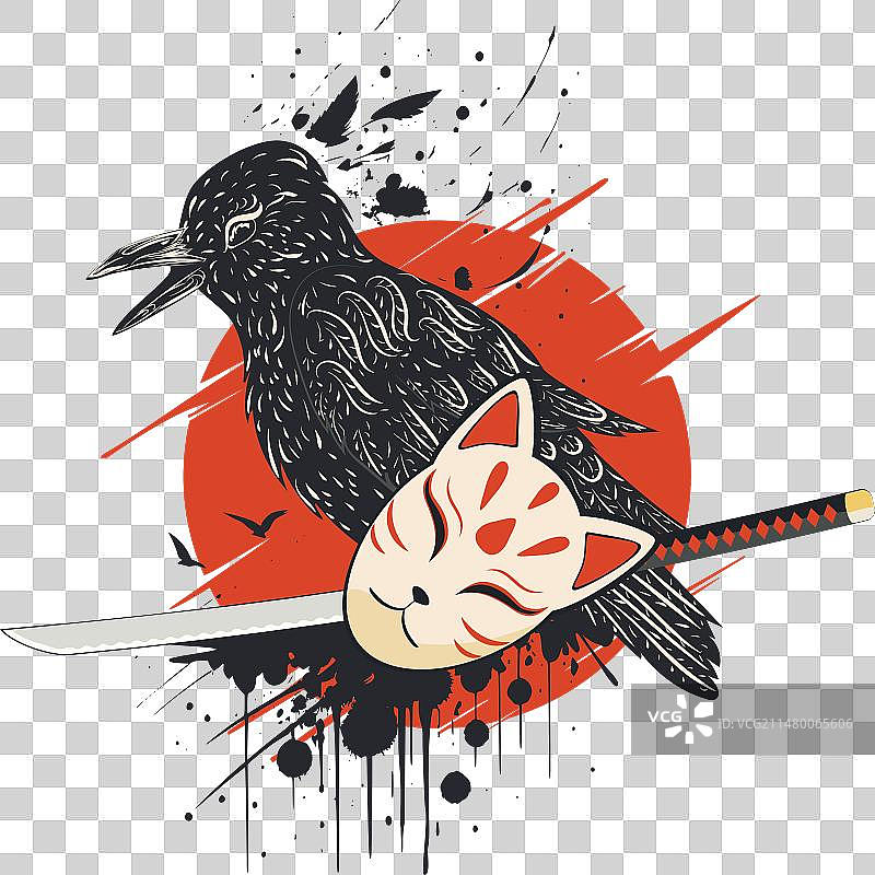 乌鸦、狐狸面具和武士刀图片素材