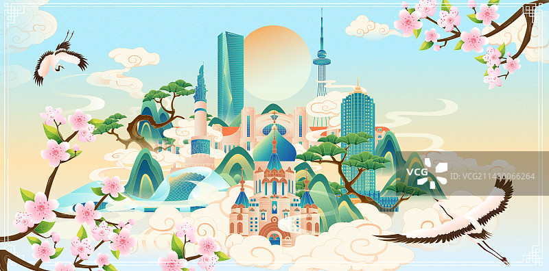 国风春天节气哈尔滨城市地标建筑彩色矢量插画图片素材