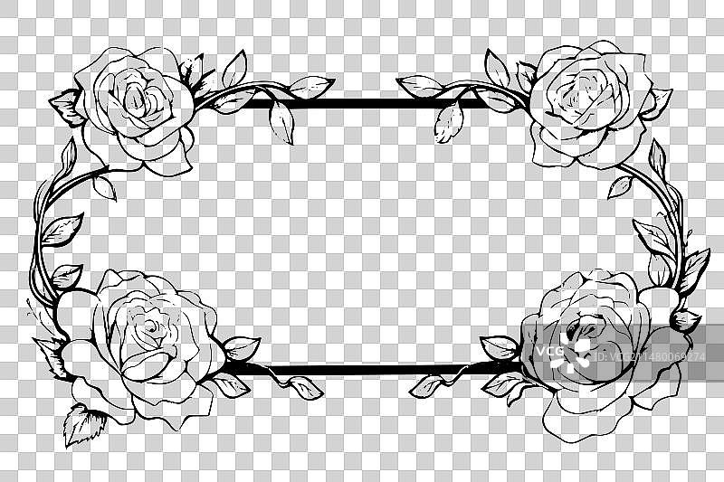 玫瑰花边框手绘墨迹草图图片素材