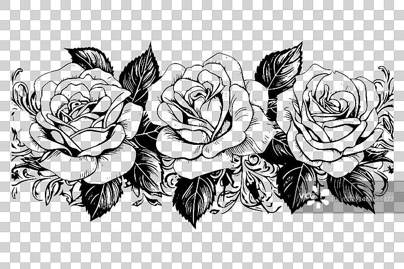 玫瑰花边框手绘墨迹草图图片素材