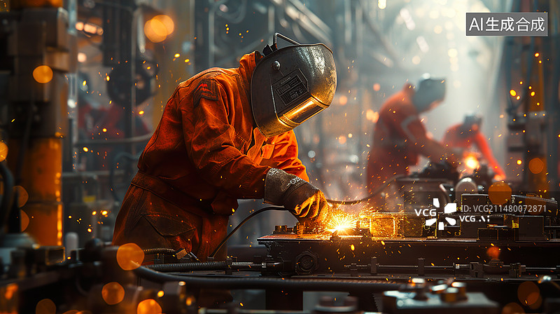 【AI数字艺术】工厂车间内工人正在焊接,大国工匠工作场所钢铁厂图片素材