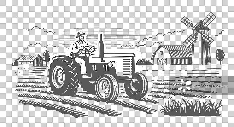 带有拖拉机和磨坊的乡村农场图片素材