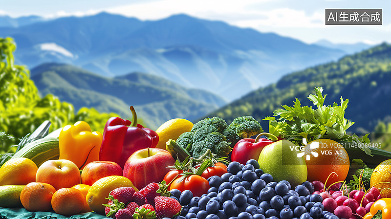 【AI数字艺术】新鲜水果和蔬菜丰收场景插图，农业农作物产品收获背景图图片素材