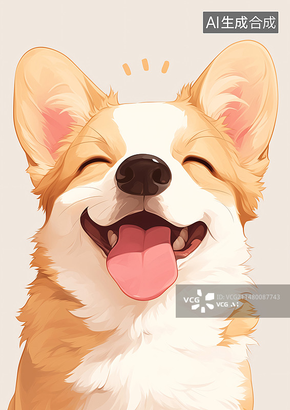 【AI数字艺术】一只在纯色背景下快乐的柯基狗狗插画，狗狗开心的表情场景插图图片素材