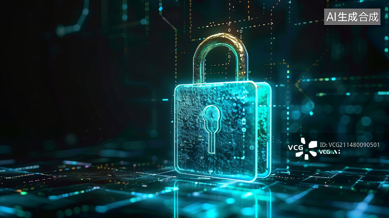 【AI数字艺术】蓝色网络上的锁，网络安全概念图片素材