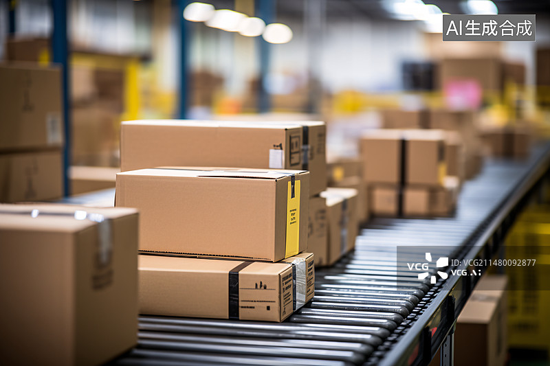 【AI数字艺术】包裹纸箱包装在仓库传送带上，电子商务产品交付物流概念插图图片素材