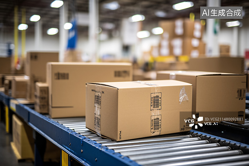【AI数字艺术】包裹纸箱包装在仓库传送带上，电子商务产品交付物流概念插图图片素材