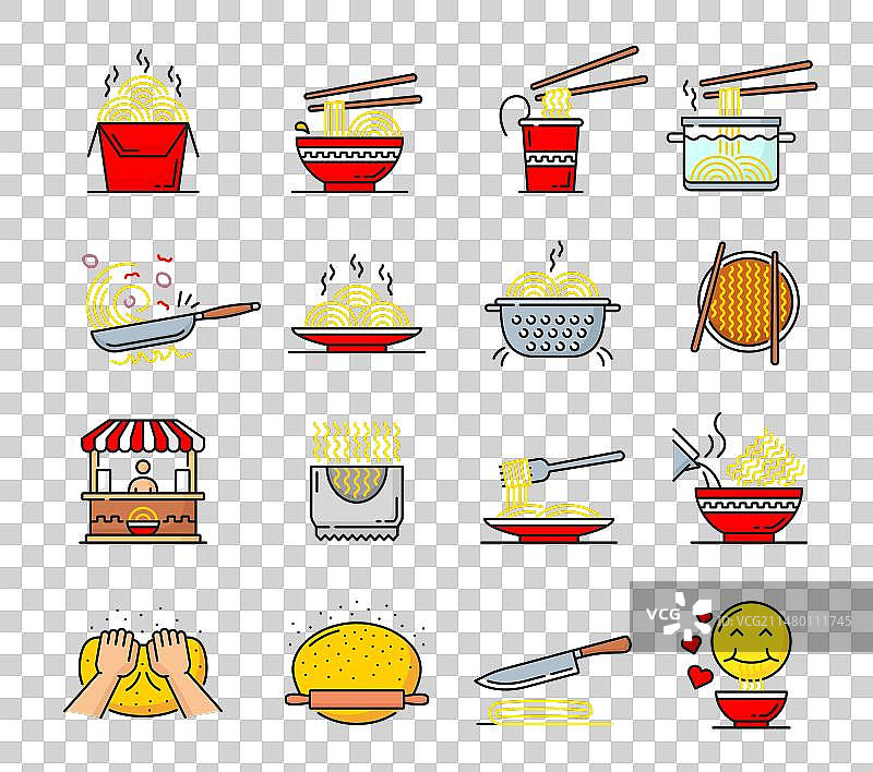 面条图标：拉面、乌冬面、炒面、意大利面图片素材