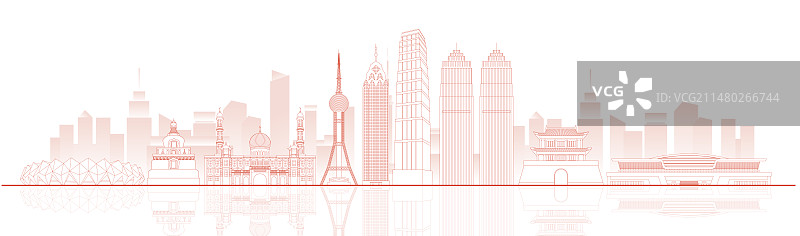 西宁城市建筑地标红色线稿矢量插画图片素材