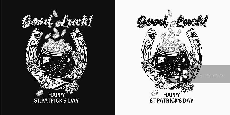 带有马蹄铁和金罐的圣帕特里克节标签图片素材