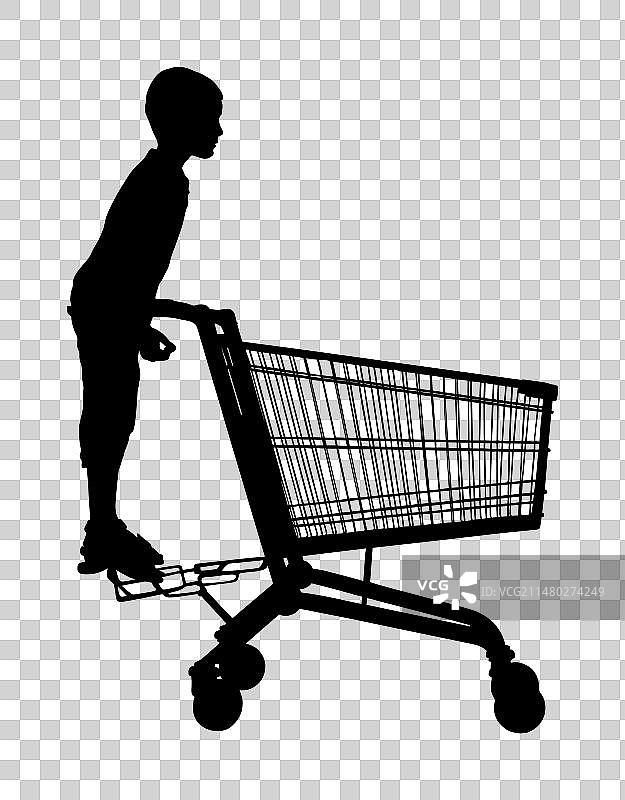 坐在空购物车里的快乐儿童剪影图片素材